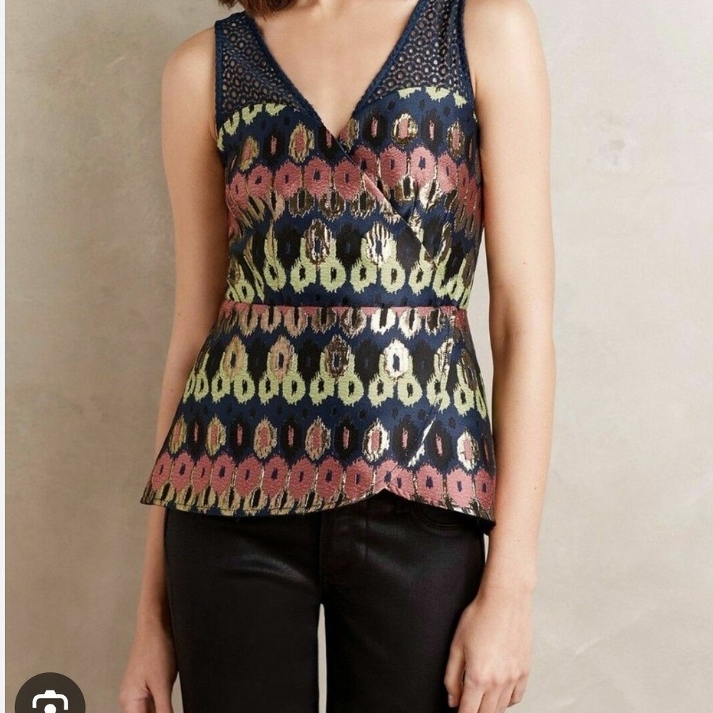 Anthropologie HD in Paris Metallic Ikat Peplum Top Crochet Lace Navy Pink Gold 4